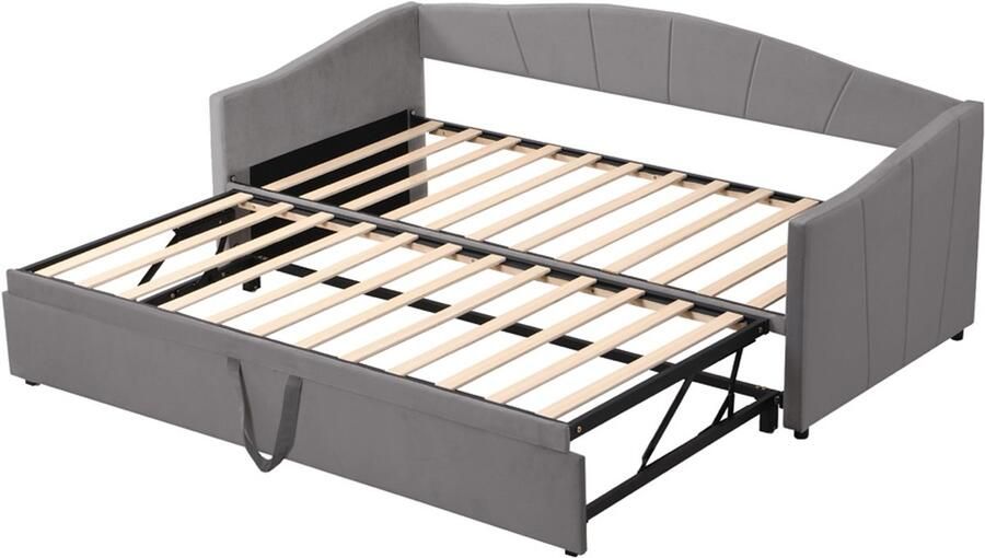 Slaapbank gestoffeerd bed 90 180x200cm zonder matras met uittrekbaar bed klassiek en stijlvol gebogen hoofdbord met verticale streepdecoratie huidvriendelijke zachte fluwelen stof grijs