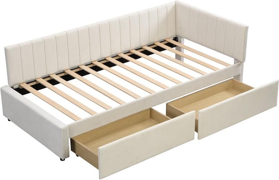 Slaapbank Gestoffeerd bed 90x200cm Zonder matras Met 2 opbergladen op wieltjes Klassiek gestreept rugleuningontwerp Huidvriendelijke zachte fluwelen bekleding Beige