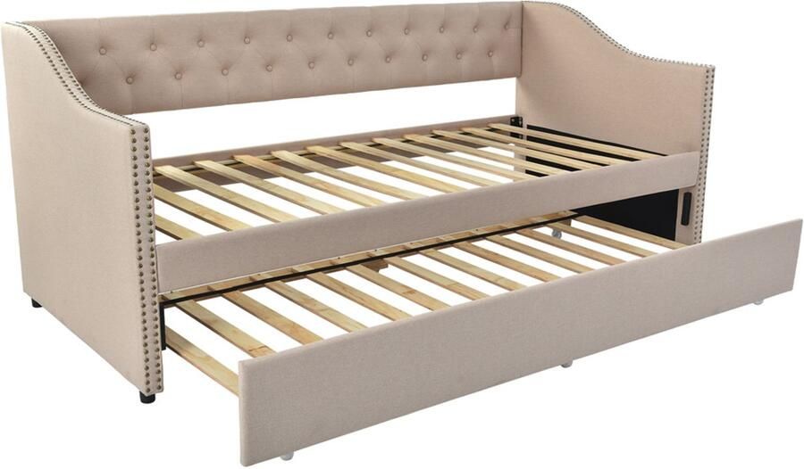 Slaapbank Gestoffeerd bed 90x200cm zonder matras met uitschuifbaar bed klassiek knoopdecoratief ontwerp van de rugleuning multifunctioneel meubelstuk dat zowel als bank en bed gebruikt kan worden geschikt voor woonkamer en slaapkamer beige
