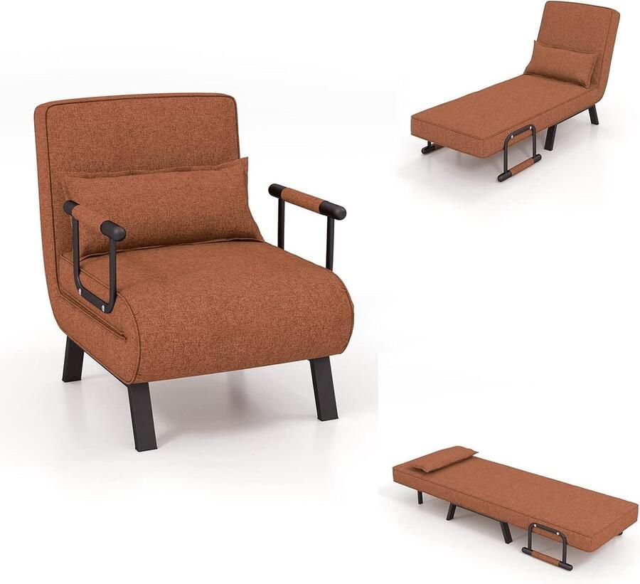 Slaapbank inklapbaar multifunctionele slaapstoel met 5-voudig verstelbare rugleuning slaapbank loungesofa met kussen bank voor kleine huizen woning kantoor tot 150 kg (bruin)