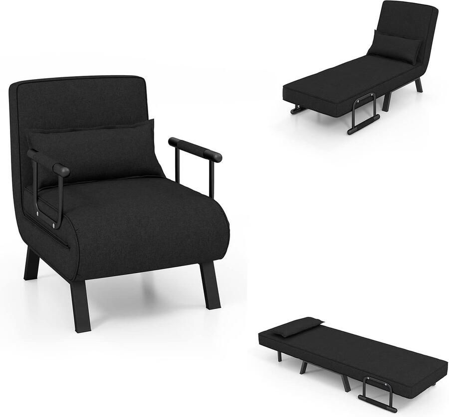 Slaapbank inklapbaar multifunctionele slaapstoel met 5-voudig verstelbare rugleuning slaapbank loungesofa met kussen bank voor kleine huizen woning kantoor tot 150 kg (zwart)