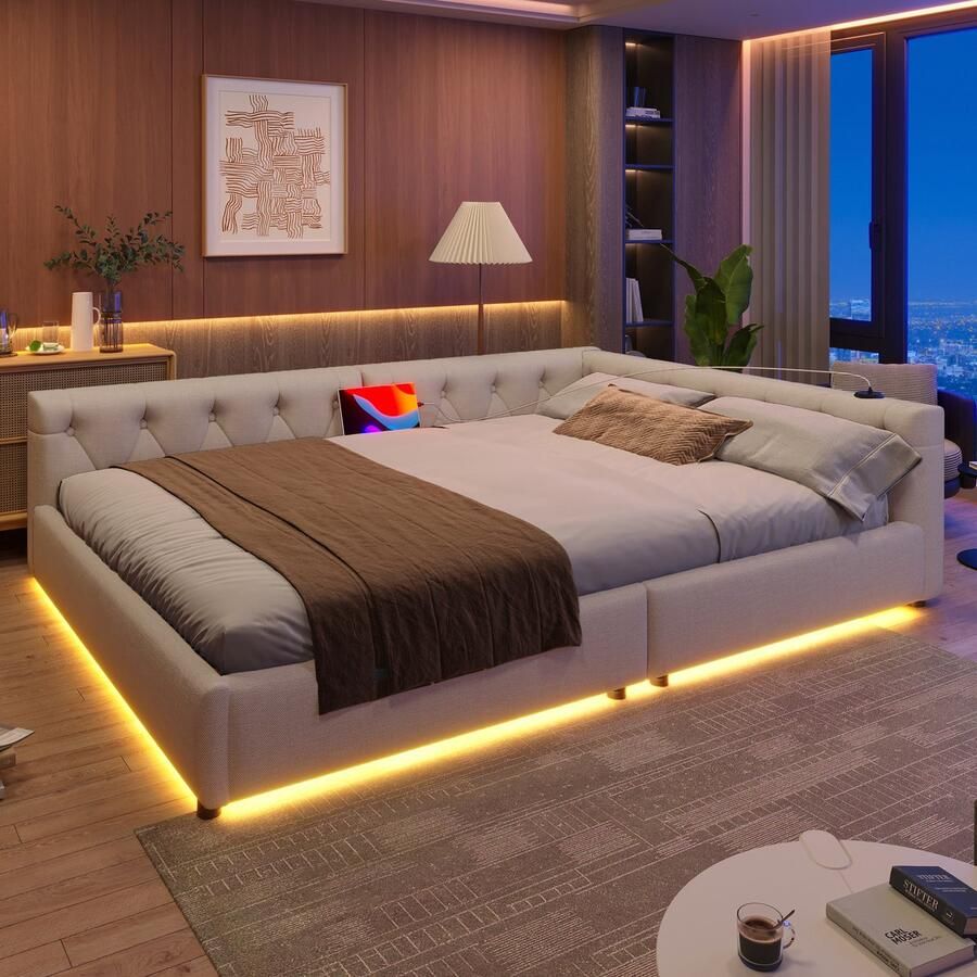 Pugsdrly Slaapbank Dagbed 140x200 cm Met lattenbodem (zonder matras) Sfeerverlichting met afstandsbediening Hoofdeinde met knopen USB + Type-C Linnen Beige - Foto 2