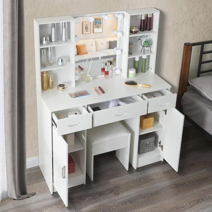 Slaapkamer Make-uptafel met Ledverlichting en Instelbare Helderheid Witte Kaptafel met Spiegel Kruk en Opbergruimte
