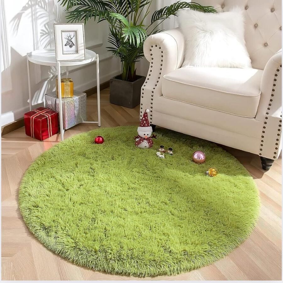 Slaapkamer shaggy pluche rond tapijt kleurrijk batik kunstwollen modern binnentapijt hoogpolig behaaglijke bont-look vloerkleed voor bij het bed of de bank (groen 120 x 120 cm)