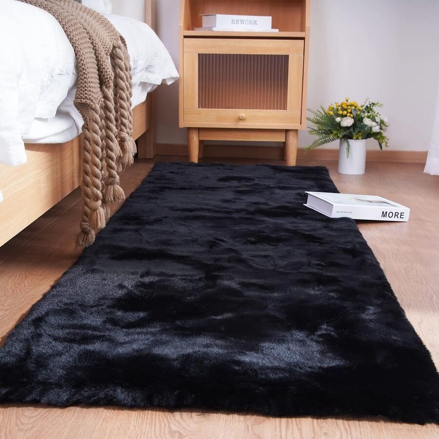 Slaapkamer shaggy pluche tapijt Antislip Wasbaar 90x150cm Zwart