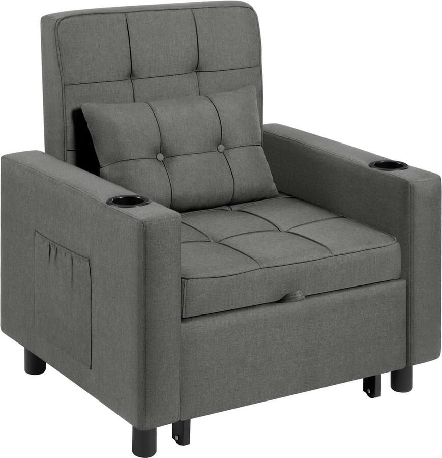 Slaapstoel relaxstoel bedstoel logeerbed 3-in-1 klapstoel met slaapfunctie stoel met ligfunctie met bekerhouders zijzakken 2 kussens linnen overtrek donkergrijs