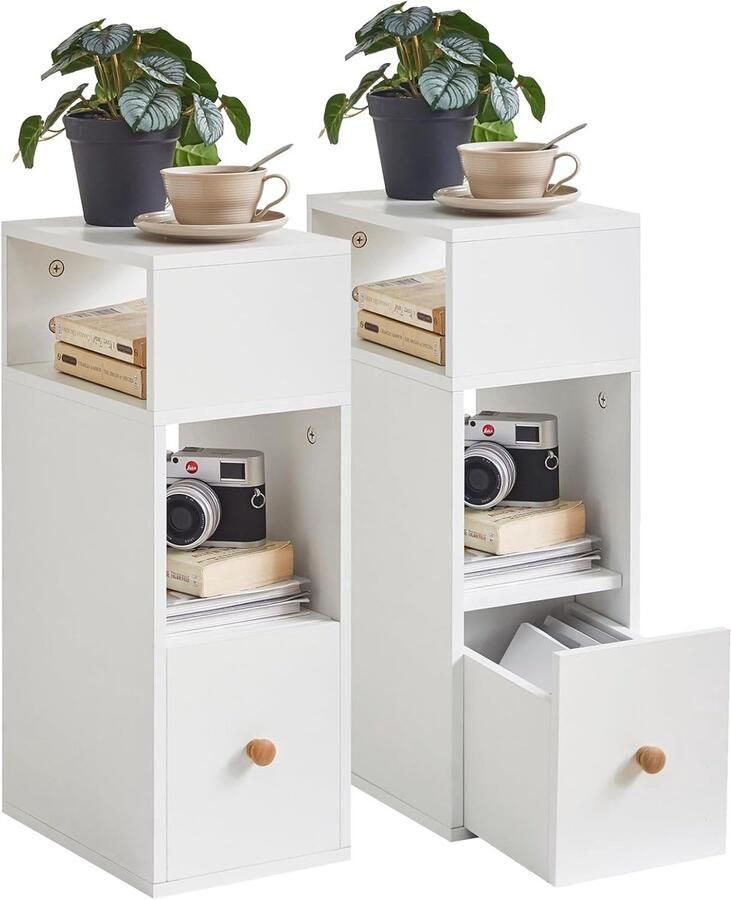 Sierra nachtkastje set van 2 klein smal nachtkastje met 2 open vakken en 1 lade ruimtebesparend houten bijzettafels voor slaapkamer woonkamer wit