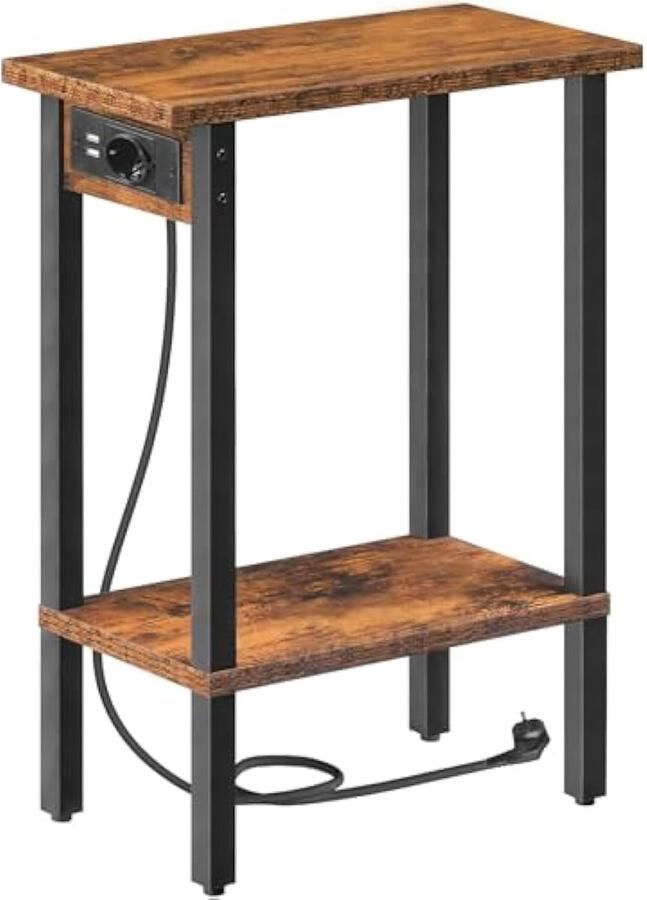 Slanke Bijzettafel 2 Lagen Salontafel met Oplaadstation Nachtkastje met Opbergruimte Salontafel Voor Kleine Ruimtes Woonkamer Slaapkamer Thuiskantoor Vintage Bruin en Zwart EBF240CBZ01