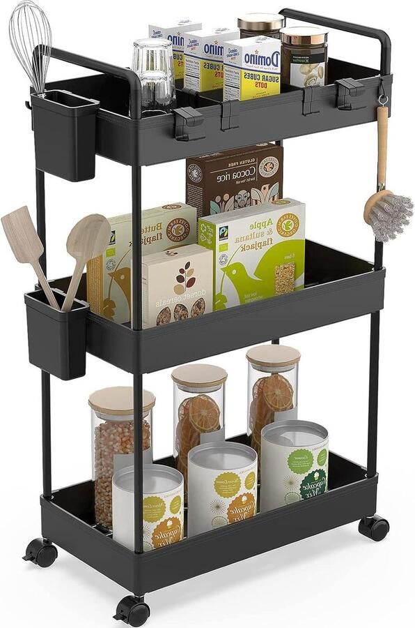 Slanke opbergkar met 3 niveaus rollende opbergwagen op wielen met hangende bekers en ruimteverdelers voor kantoor badkamer keuken wasruimte smalle ruimten zwart Beside shelf - Foto 2