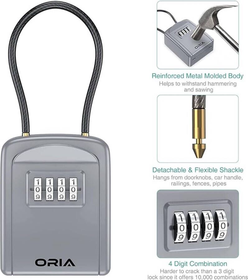 Sleutelbox 4-cijferige cijfercode sleutelkast sleutelkluis met zachte vergrendelingsbalk hangende kast roestvrij staal weerbestendig voor binnen buiten kantoor garage zilver