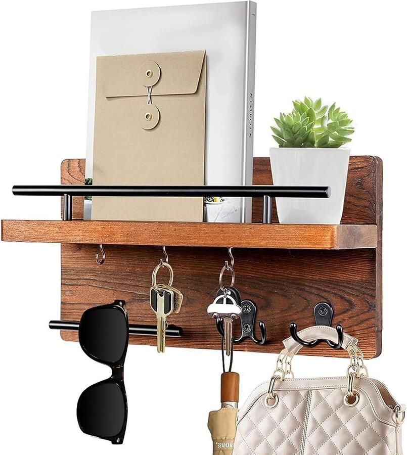 Sleutelhouder met 5 haken- sleutelrek voor wandmontage- plank posthouder- houten wandrek voor sleutelplank organizer- sleutelhouder voor entrees en achterdeuren- houtkleur