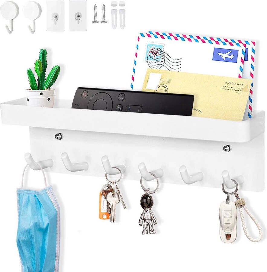 Sleutelhouder met 6 haken eenvoudig te installeren sleutelhouder zonder boren metalen sleutelrek kledingkast brievenrek geschikt voor entrees en achterdeuren wit