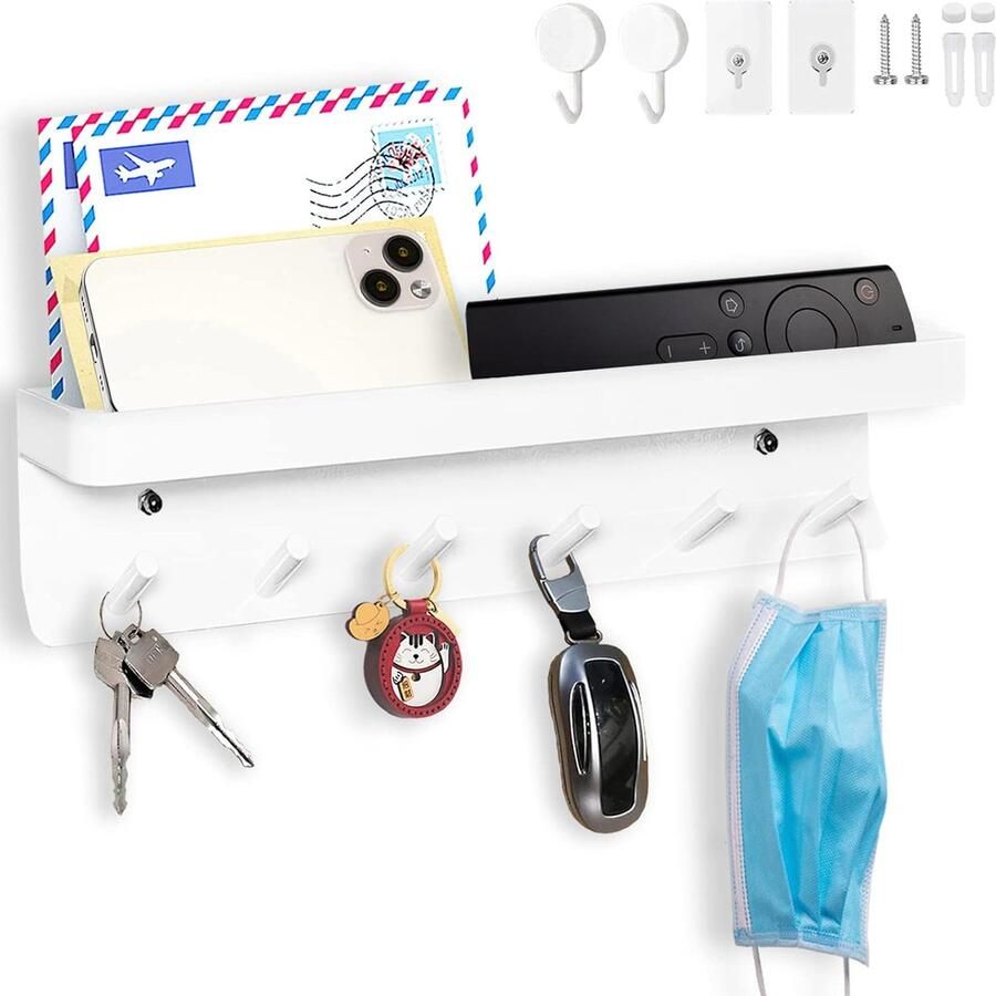 Sleutelhouder met 6 haken eenvoudig te monteren sleutelrek zonder boren metalen sleutelrek kapstok brievenrek geschikt voor entrees en achter deuren. Wit