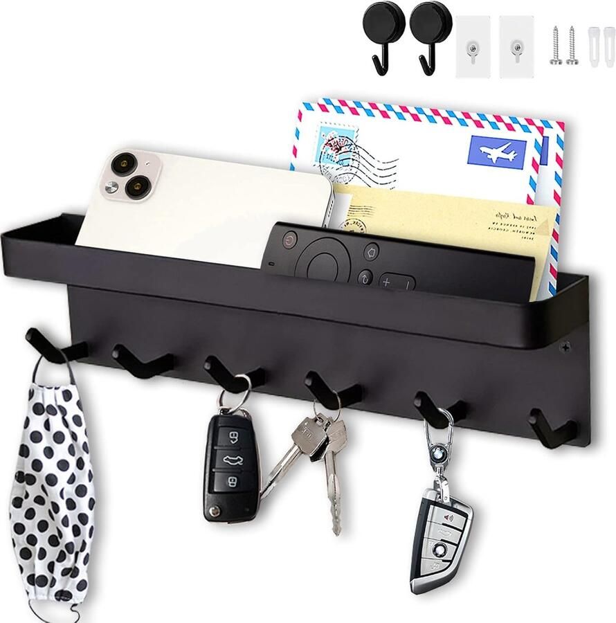 Goodivery Sleutelhouder met 6 haken eenvoudig te monteren sleutelrek zonder boren metalen sleutelrek kapstok brievenrek geschikt voor entrees en achter deuren. Zwart