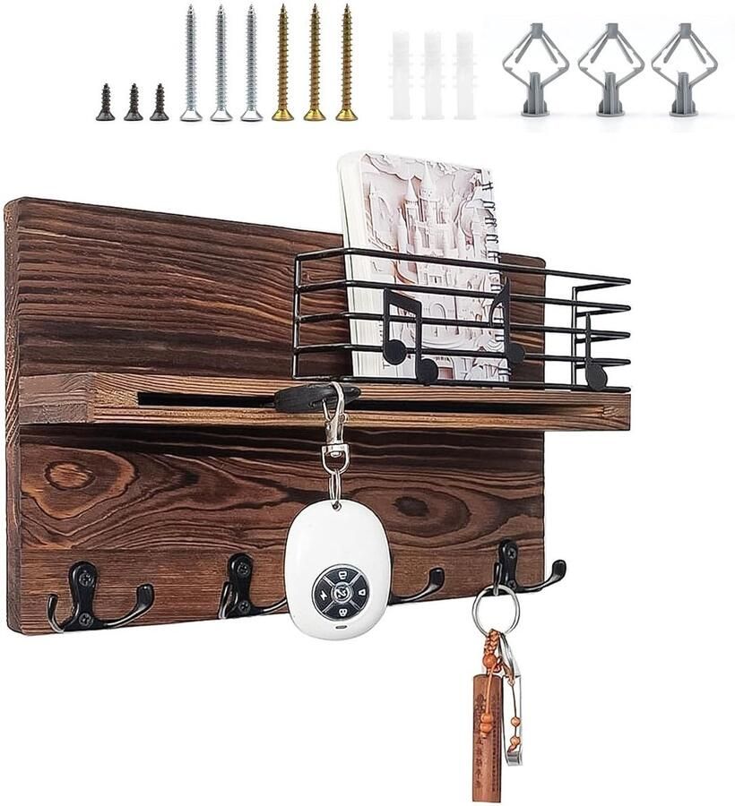 Sleutelhouder met Plank Efficiënte Opslag Geschikt voor Ruimtes Grenenhout en IJzer