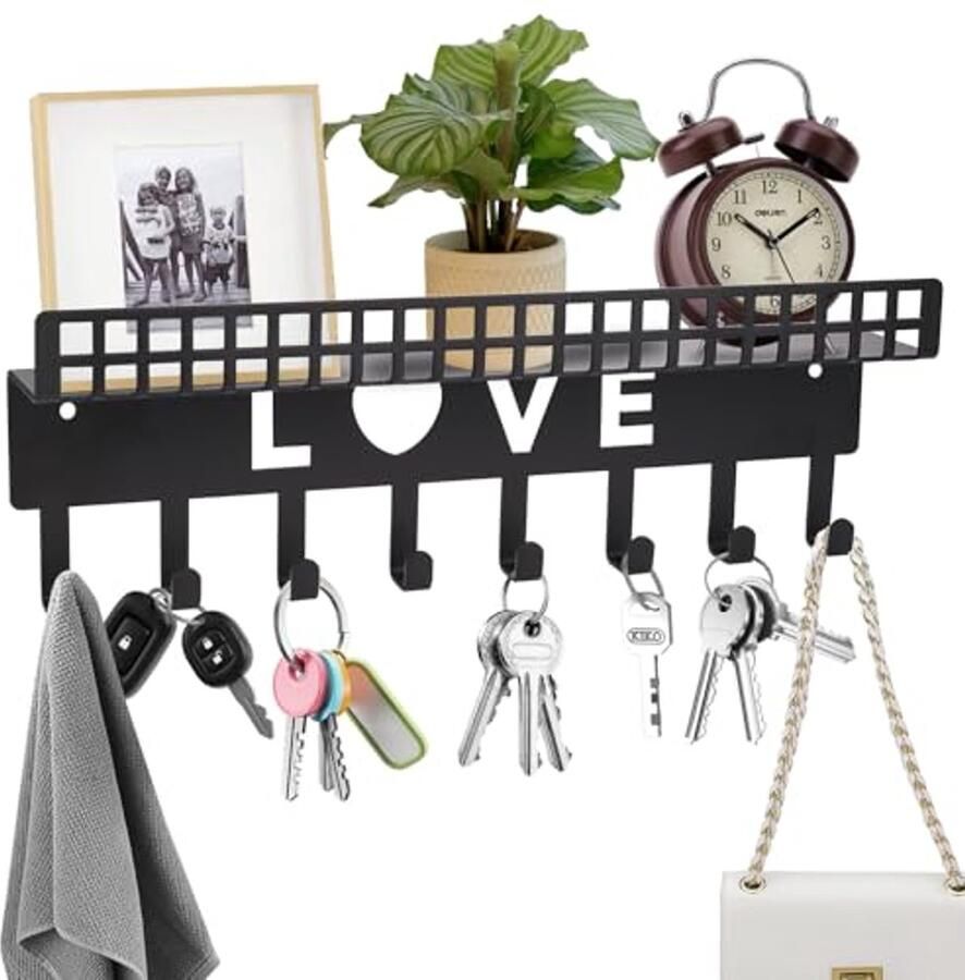 Sleutelhouder met plank en 8 haken voor muurbevestiging