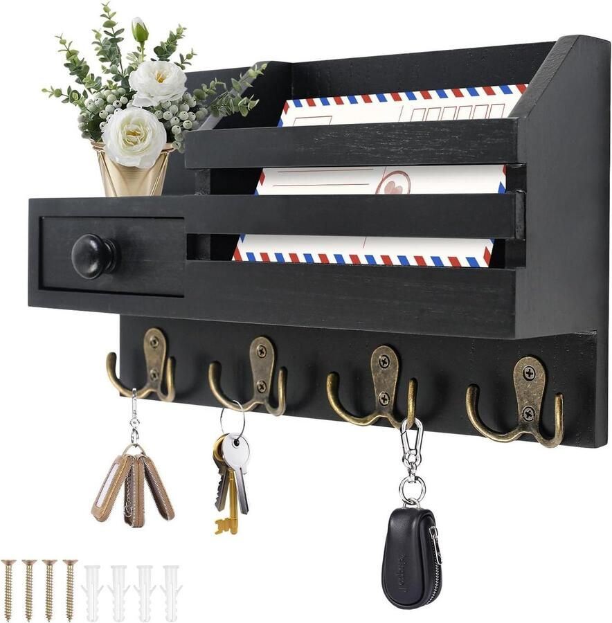Sleutelhouder van hout met 4 dubbele haken Decoratieve sleutelhaken voor aan de muur Wandorganizer voor thuis Sleutelbord voor hal Wandrek voor het opbergen van sleutels (zwart)