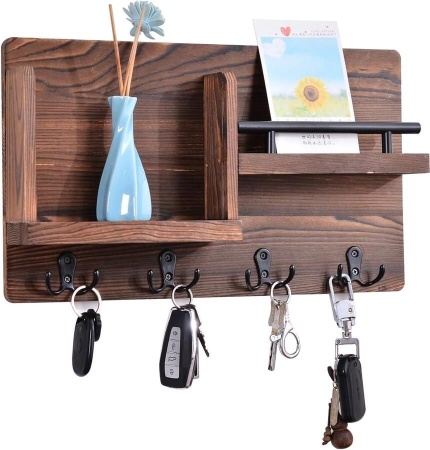 Sleutelhouder voor aan de muur met 4 dubbele sleutelhaken houten sleutelkastje decoratief sleutelrek met plank voor ingang slaapkamer woonkamer