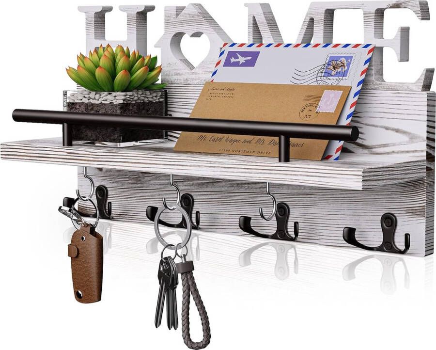 Sleutelhouder voor aan de muur met woondecoratie wandrek hout voor sleutelplank organizer met 7 sleutelhaken rustieke wandorganizer met plank wit
