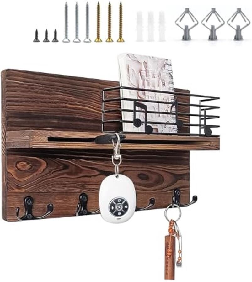 Sleutelhouder voor Hal met Dubbele Haken Wandrek met Plank en Complete Accessoires