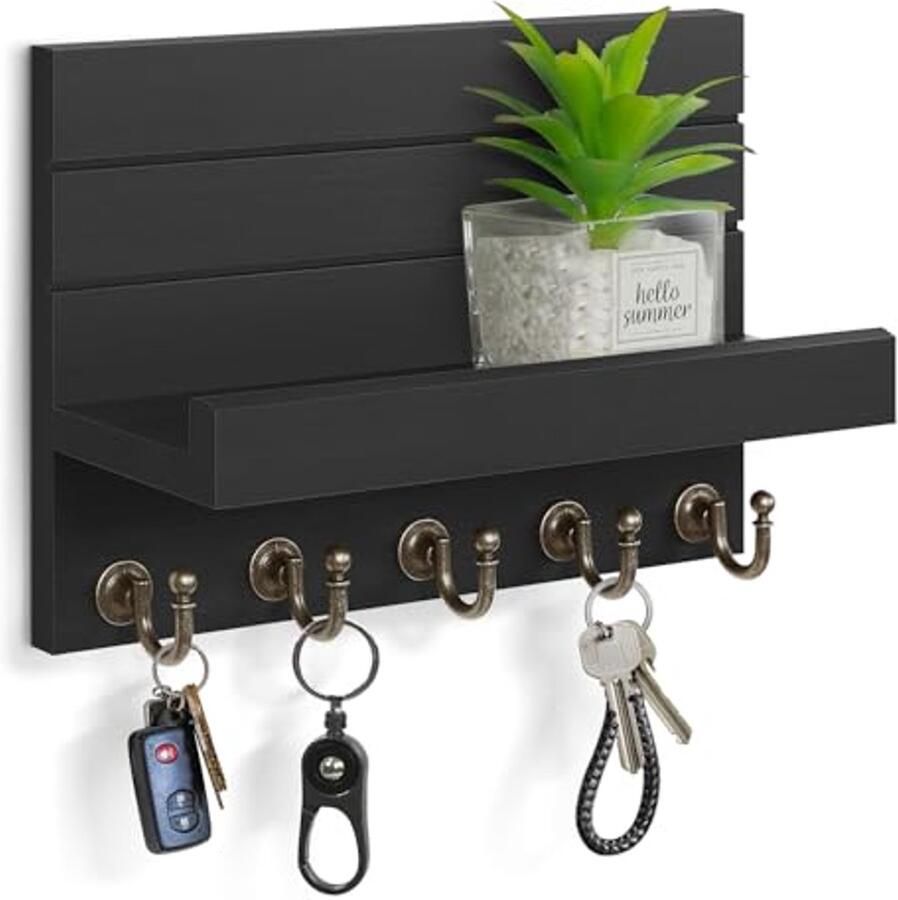 Sleutelhouder voor Wand Eenvoudige Installatie Mail Organizer met 5 Haken Multifunctioneel Houten Sleutelrek voor Huis en Keuken