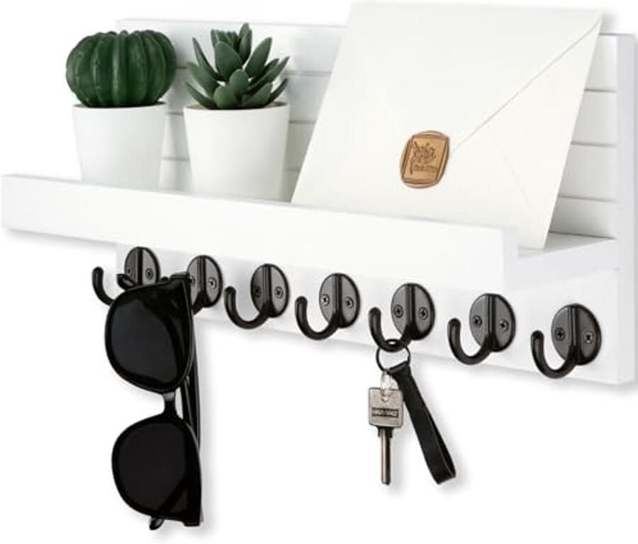 Sleutelhouder wandmontage met 7 haken en decoratieve plank