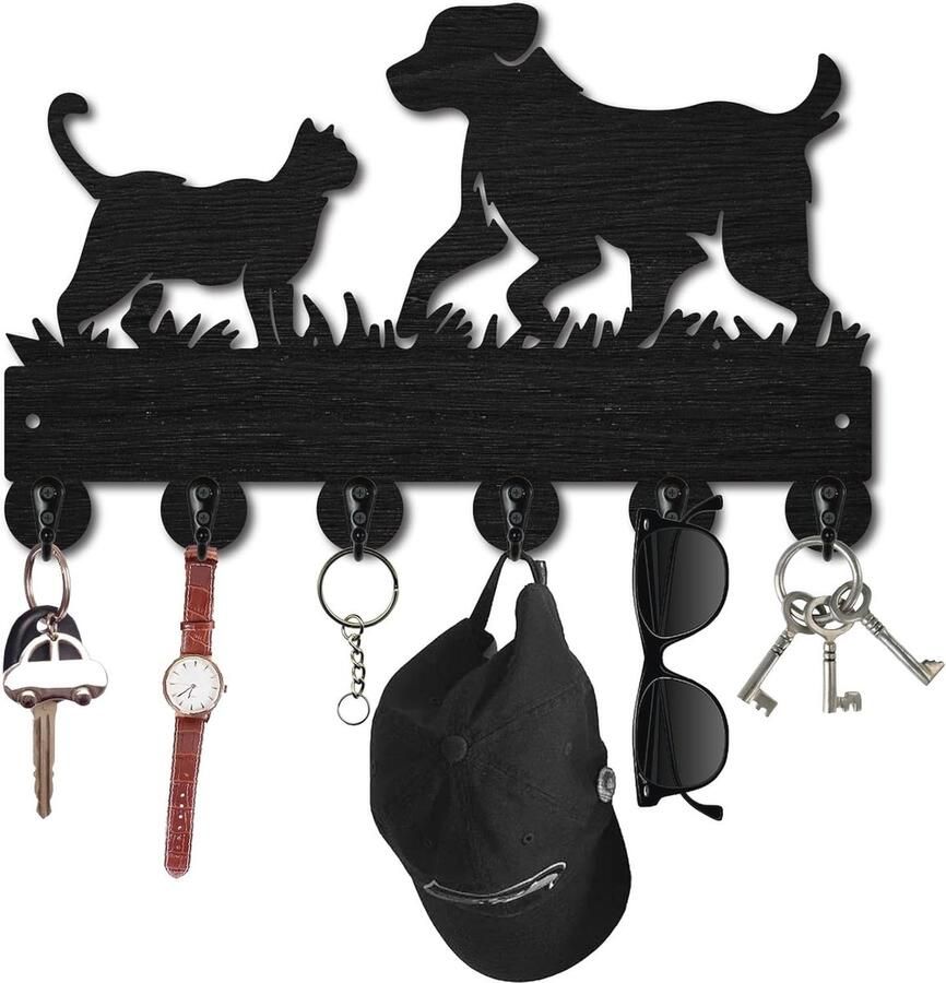 Sleutelhouder Zwarte Kat voor Muur Houten Sleutelhanger met 6 Haken en Decoratieve Functie