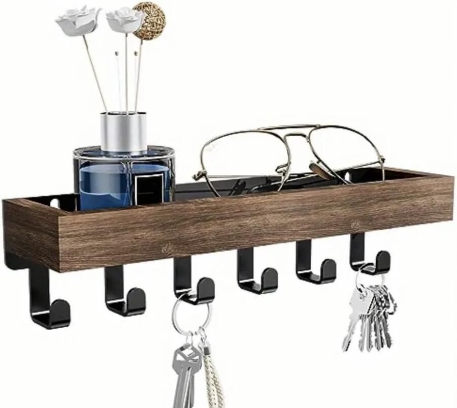 Sleutelkastje met 6 Haken – Wandplank Houtlook met Opbergvak – Zelfklevend of Schroefbevestiging – Organizer voor Sleutels Brillen & Accessoires