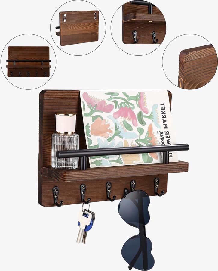 Sleutelrek en briefhouder van hout met 5 sleutelhaken wandrek van hout voor sleutelrek organizer mailorganizer muur sleutelrek met plank houten brievenhouder - Foto 2