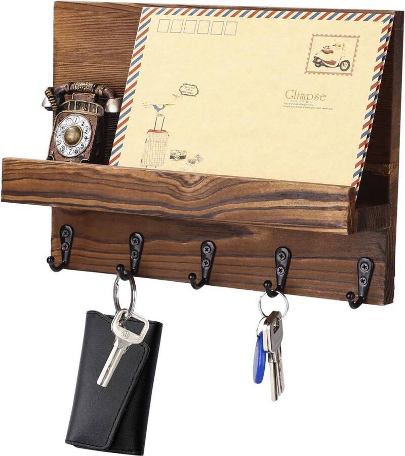 Sleutelrek en brievenhouder van hout met 5 sleutelhaken wandrek van hout voor sleutelplank organizer mail-organizer muur sleutelbord met plank houten brievenhouder