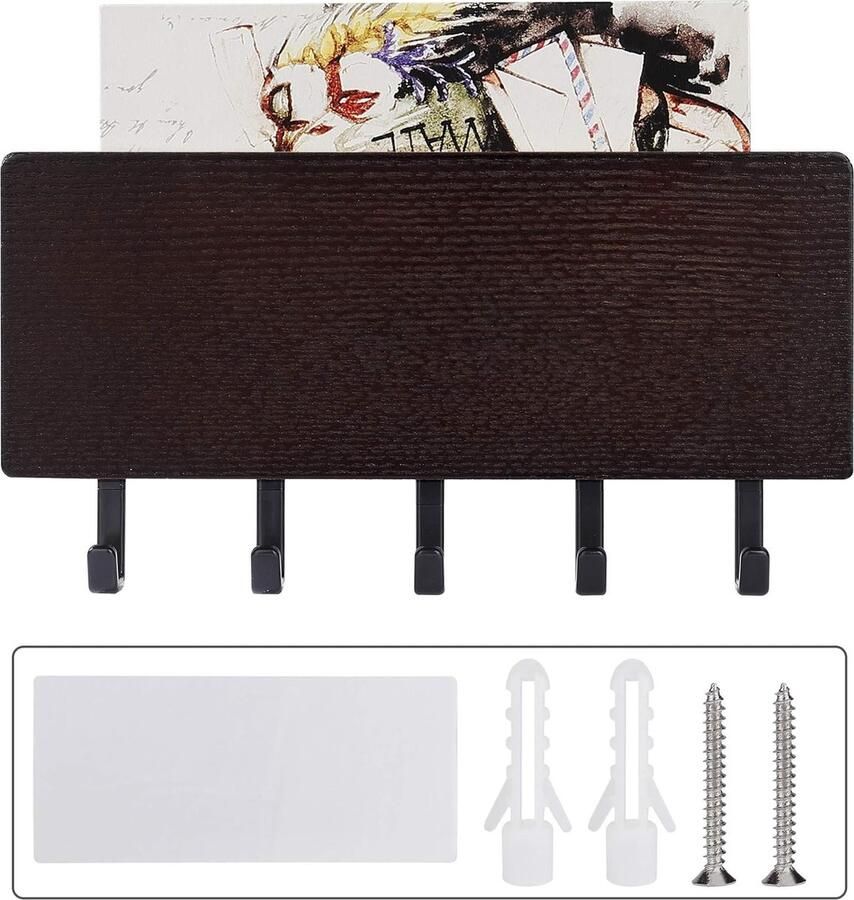 Sleutelrek hout met legplank brievenhouder wandmontage met 5 haken sleutelhouder muur voor het netjes opbergen van notities voor muur huis hal