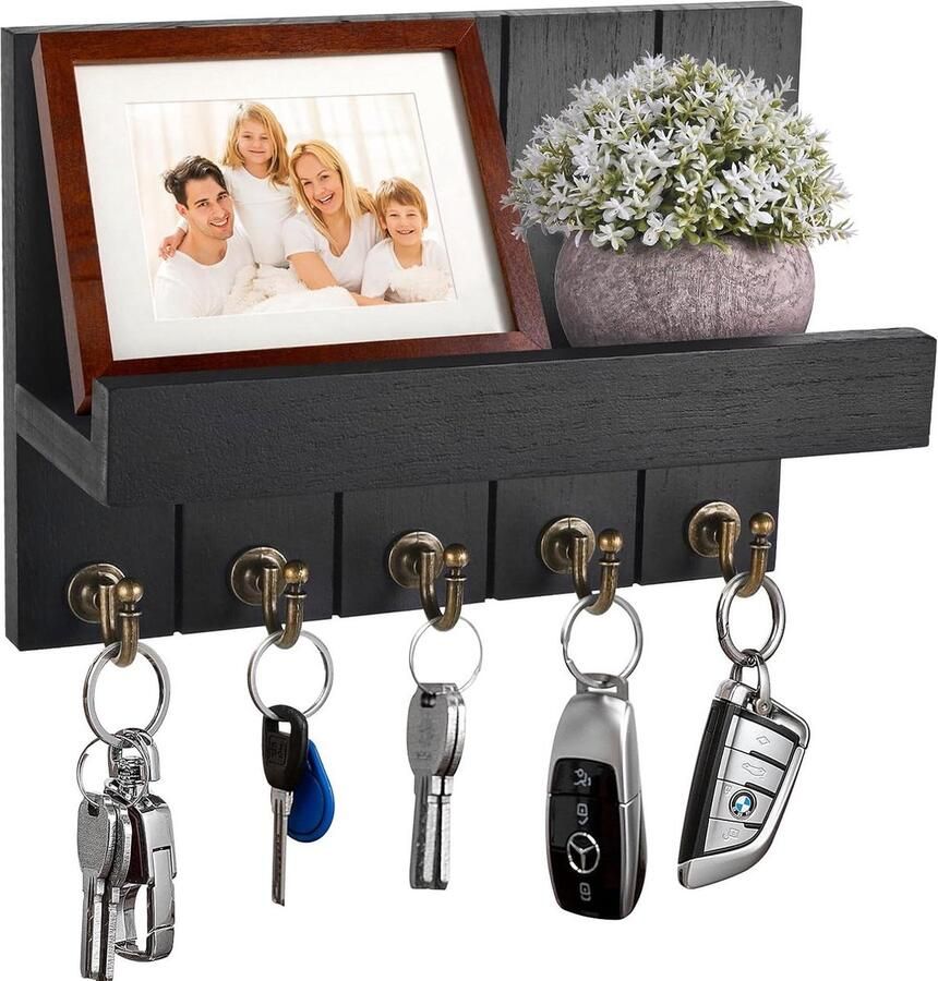 Sleutelrek met plank decoratief wandrek 5 haken zwart hout