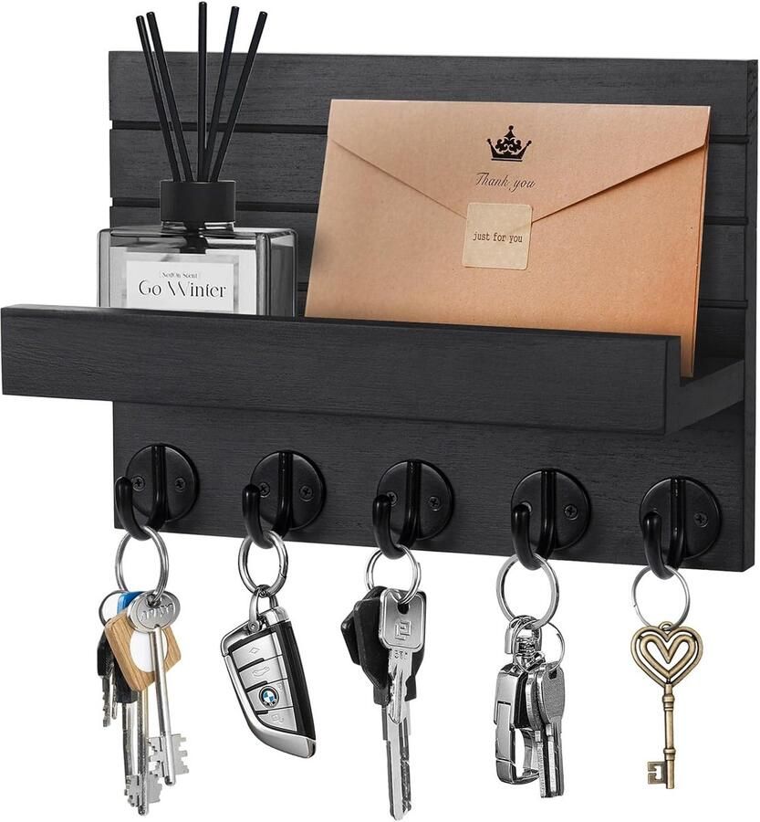 Sleutelrek met plank Decoratief wandrek 5 haken Zwart Hout