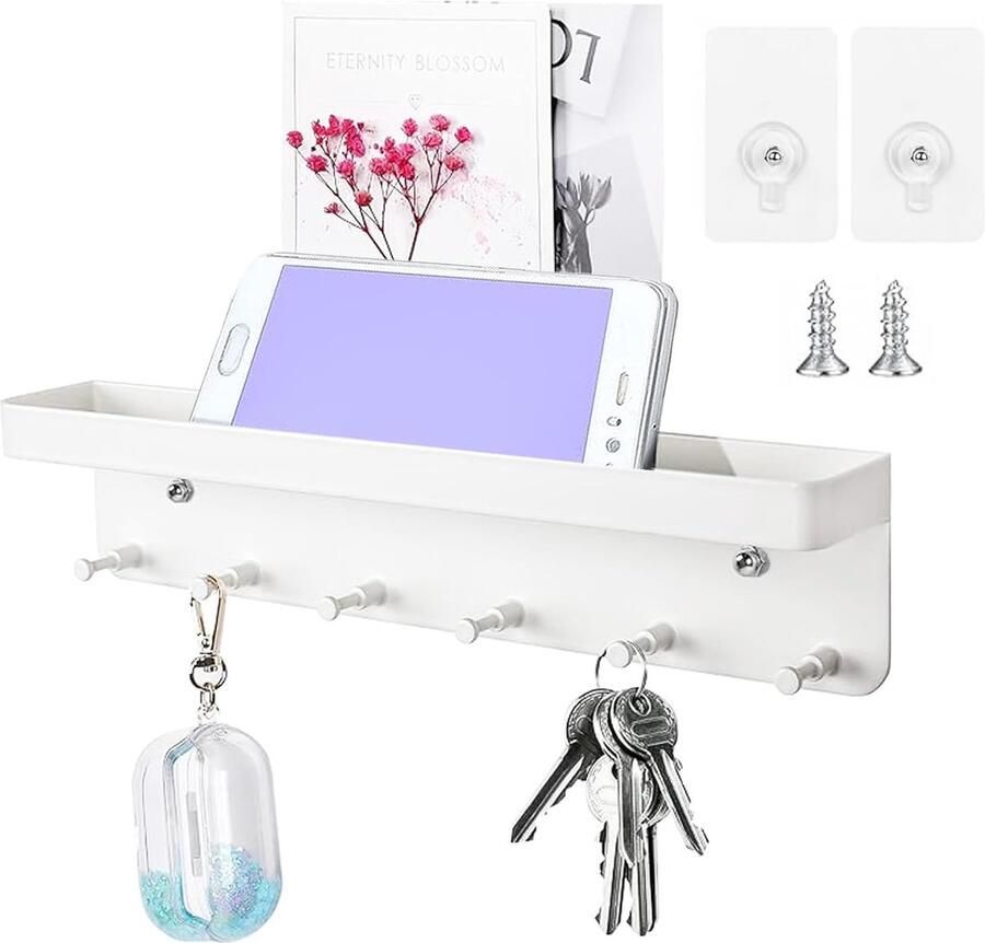 Sleutelrek met plank en 6 haken voor muurbevestiging