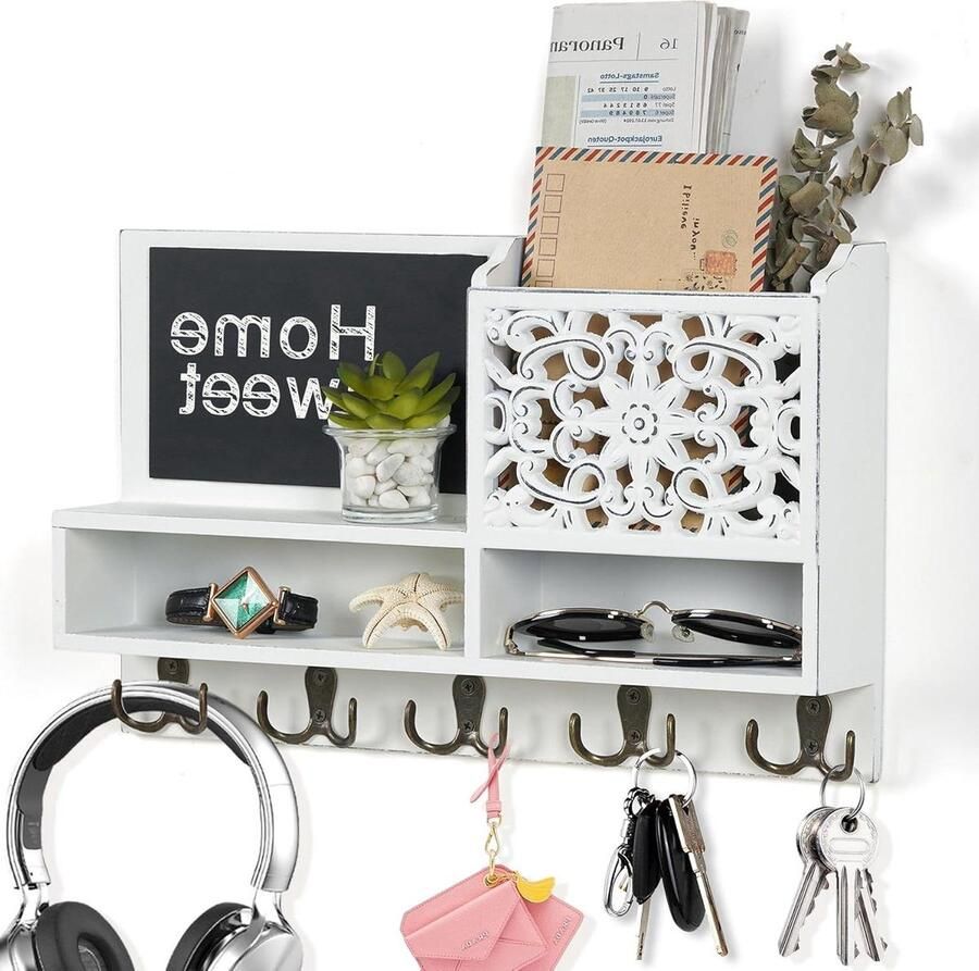 Sleutelrek met plank en haken Sleutelhouder Wandrek 1 stuk Wit Hout