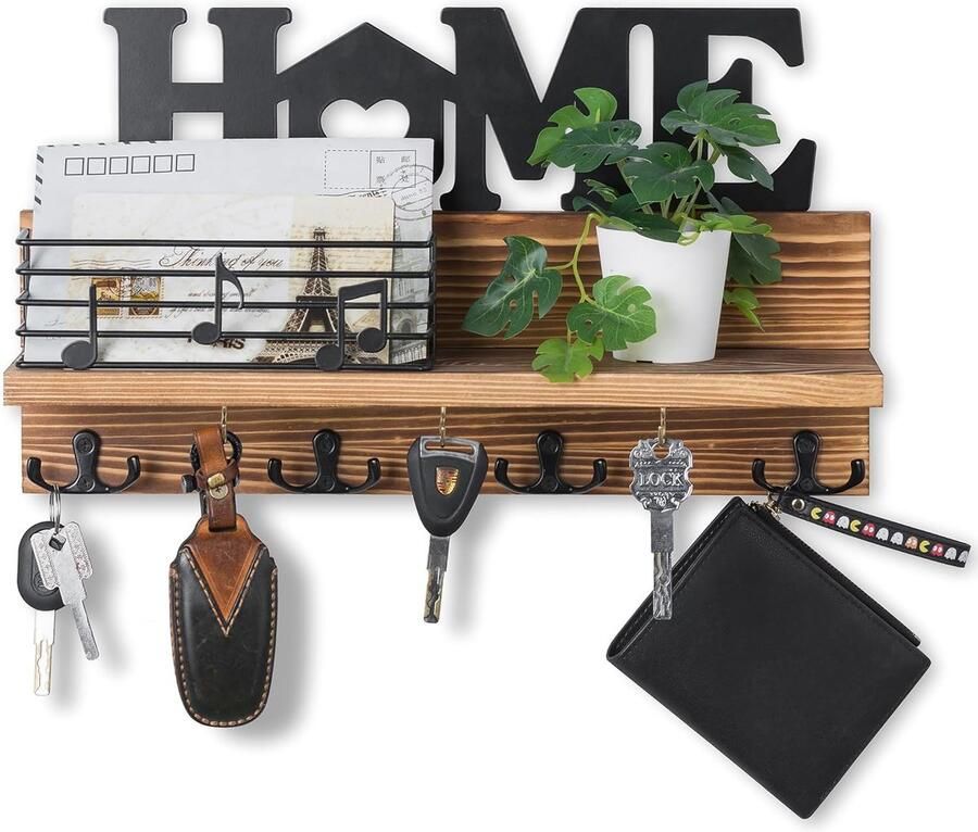 Sleutelrek met plank houten sleutelhouder: rustieke sleutelhaakwand met woondecoratie