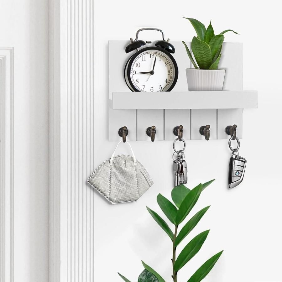 Sleutelrek met plank houten sleutelrek decoratief houten wandrek met 5 sleutelhaken voor ingang hal slaapkamer woonkamer wit