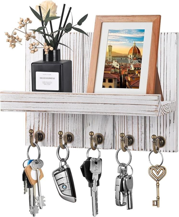 Sleutelrek met plank houten sleutelrek decoratieve houten wandplank met 5 sleutelhaken voor entree hal slaapkamer woonkamer antiek wit
