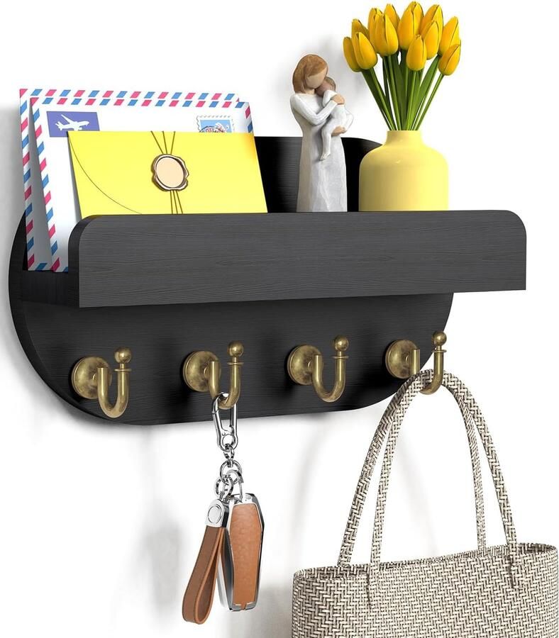 Sleutelrek met plank houten sleutelrek met 4 sleutelhaken decoratief sleutelkastje modern voor wanddecoratie in het appartement in de entree van de woonkamer (zwart)