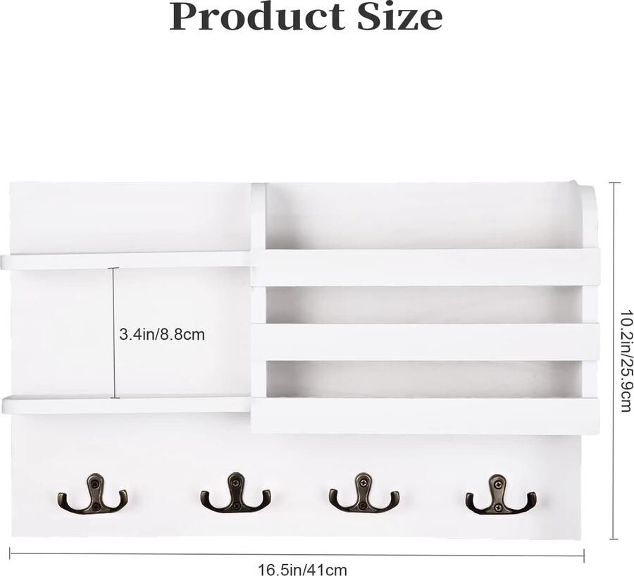Sleutelrek met plank houten wandrek organizer met 4 haken voor entree kantoor (wit)