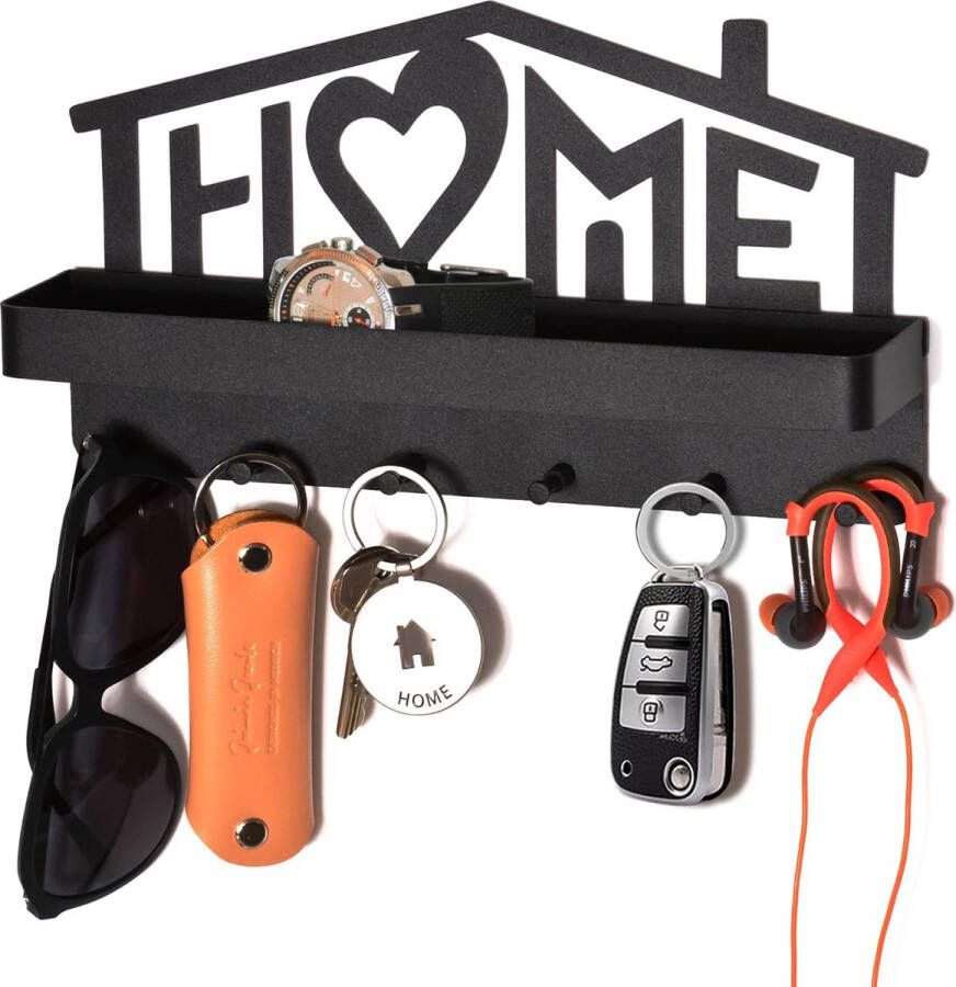 Sleutelrek met plank moderne sleutelhouder met decoratief huisdesign zelfklevend wandsleutelbord met 6 haken sleutelrek voor hal woonkamer keuken zwart