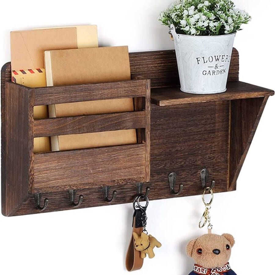 Sleutelrek met plank wandorganizer met plank met 6 sleutelhaken wandhouder sleutelhouder houten sleutelhouder vintage wandkast