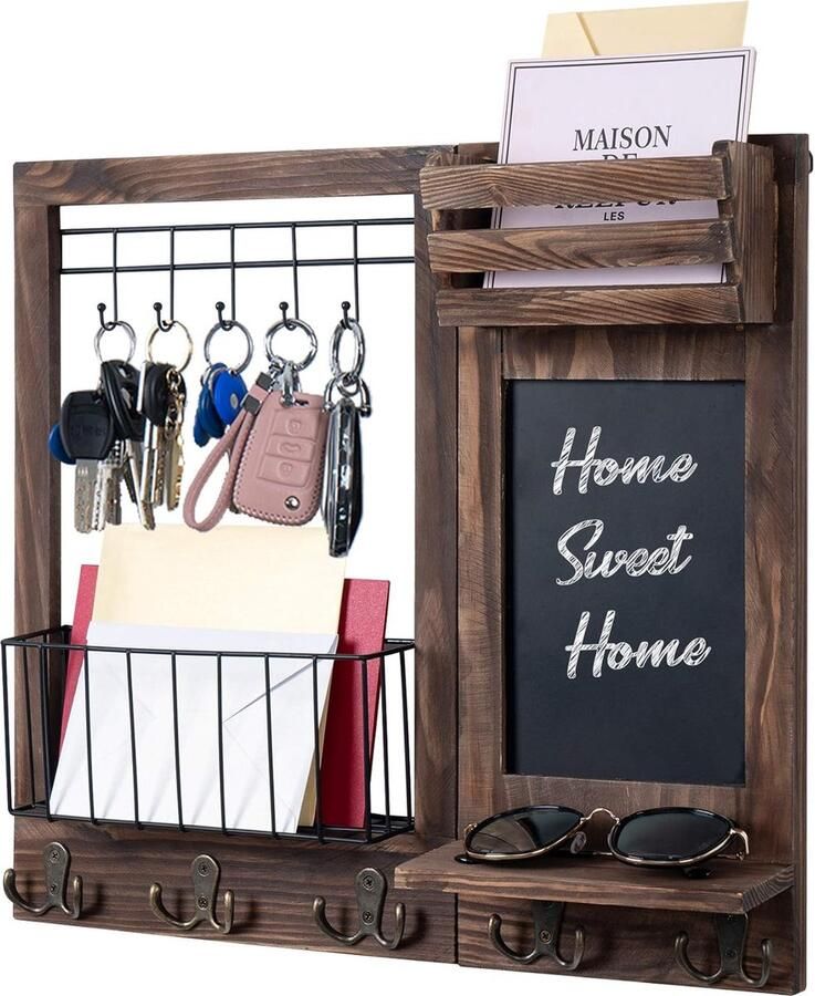 Sleutelrek met Plank Wandrek voor Sleutels en Brieven 1 stuk Hout 47 x 42 x 9 cm