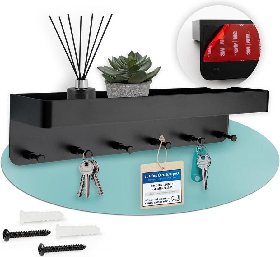 Sleutelrek met plank zonder boren roestvrij staal zelfklevend 3M-plakstrip mat zwart wandplank Sleutelkastje