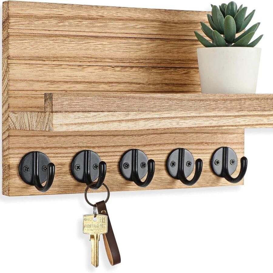 Sleutelrek met plankje decoratieve houten wandplank met 5 sleutelhaken voor entree hal slaapkamer woonkamer sleutelrek hout Kaki