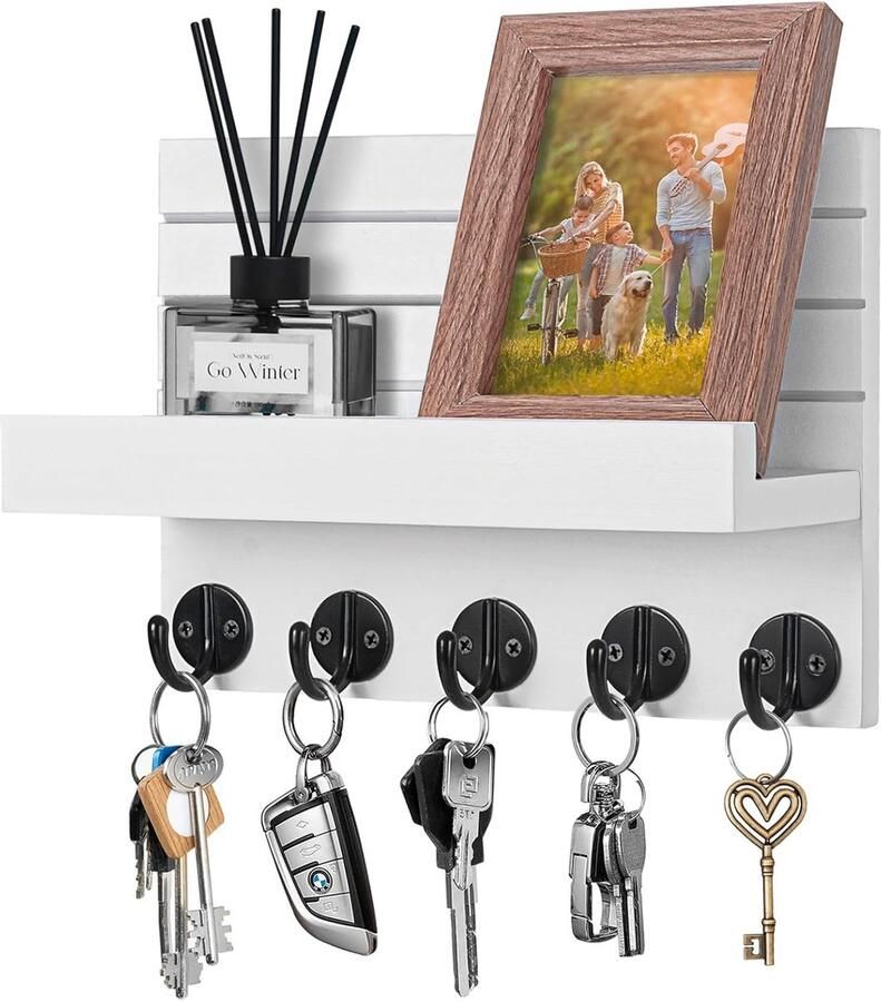 Sleutelrek met plankje decoratieve houten wandplank met 5 sleutelhaken voor entree hal slaapkamer woonkamer sleutelrek hout Wit