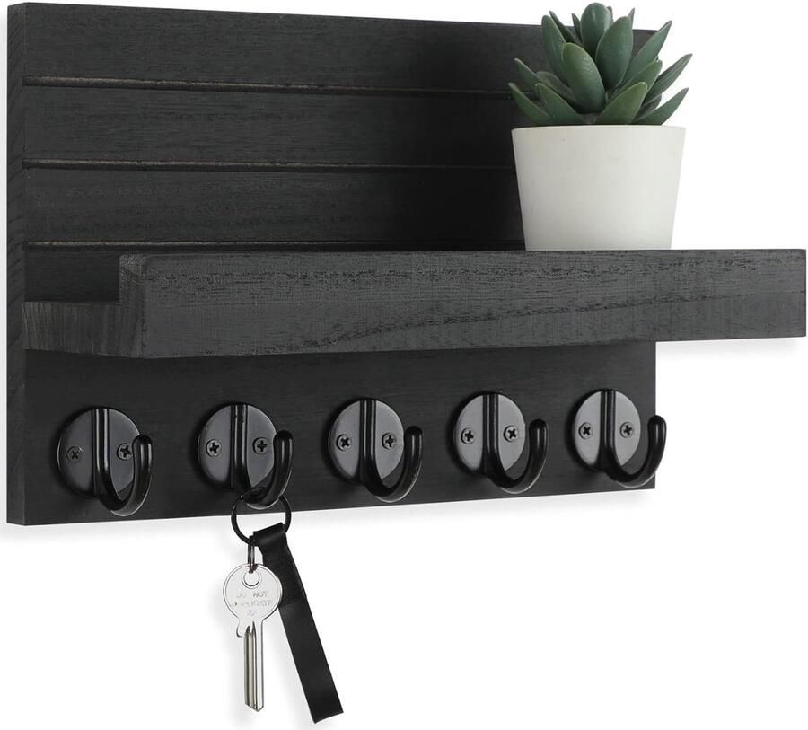 Sleutelrek met plankje decoratieve houten wandplank met 5 sleutelhaken voor entree hal slaapkamer woonkamer sleutelrek hout Zwart