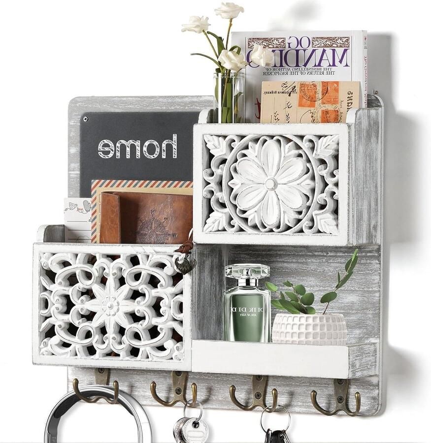 Sleutelrek van hout met plank krijtbord en 8 haken wandgarderobe met 2 brievenhouders