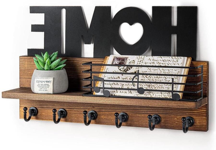 Sleutelrek wandplank woondecoratie vintage rustieke sleutelhouder met 6 haken bruin - Foto 2