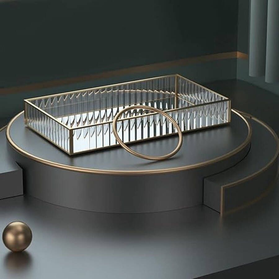 SLHEQING Vintage gouden spiegel dienblad deco glazen dienblad rechthoekige cosmetica organizer make-up tafel opslag (goud A S 20 x 14 x 3 5 cm)